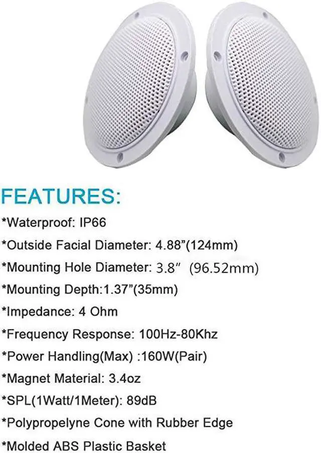 Alt view image 4 of 7 - 4 Inches  Waterproof Marine Ceiling Speakers with 160 Watts Power Handling for Kitchen Bathroom Boat Car RV Camper Motorcycle Cloth Surround and Low Profile Design 1 Pair White