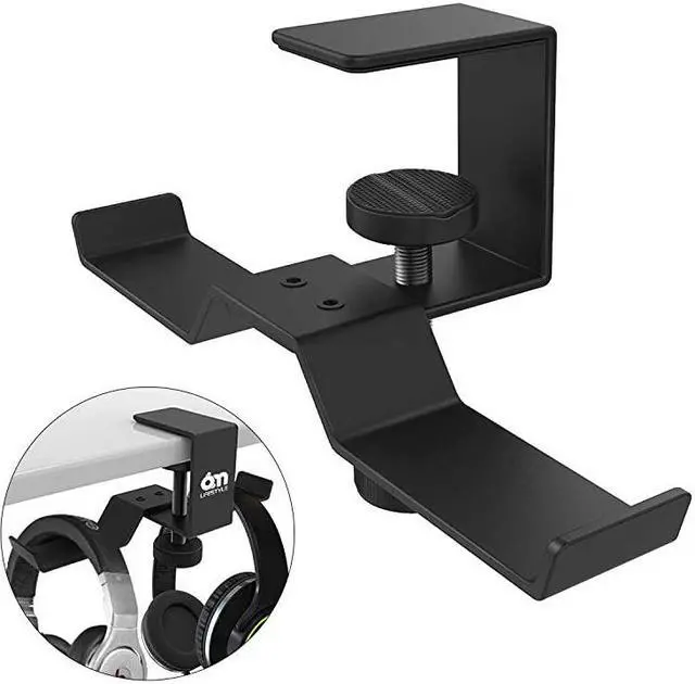 Main image of Under Desk Dual Headphone Hanger  Metal Headset Stand Gaming Earphone Holder Universal Clamp on Desk Hanger Hook for All Headsets Black Patent