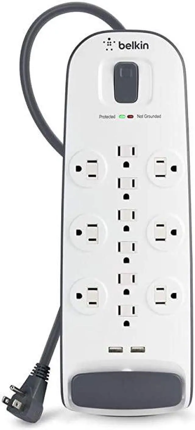 Main image of USB Power Strip Surge Protector - 12 AC Multiple Outlets & 2 USB Ports - 6 ft Long Flat Plug Extension Cord for Home, Office, Travel, Computer Desktop & Charging Brick - White (3,996 Joules)
