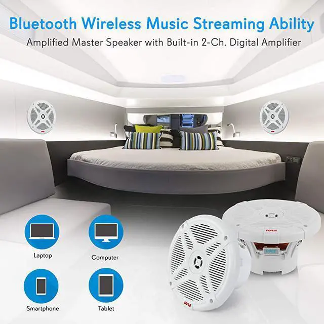 Alt view image 4 of 7 - 65 Inch Bluetooth Marine Speakers 2way IPX4 Waterproof and Weather Resistant Outdoor Audio Dual Stereo Sound System with 600 Watt Power and Low Profile Design 1 Pair  PLMRBT65W White