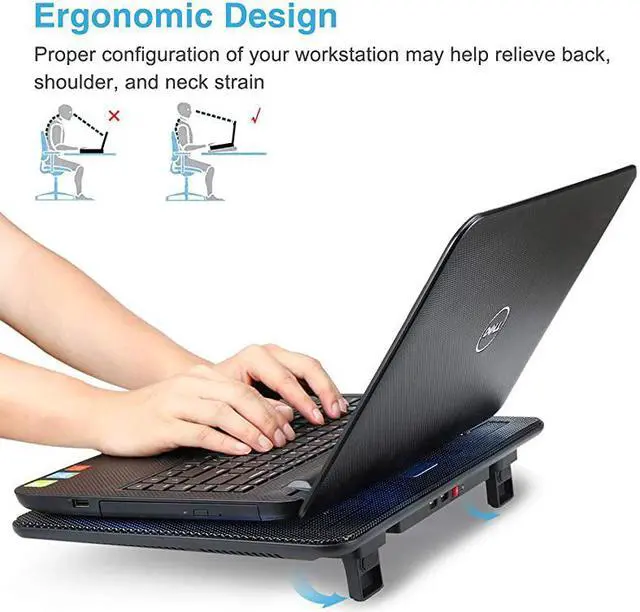 Alt view image 4 of 7 - Laptop Cooling Pad, Portable Slim Quiet USB Powered Laptop Notebook Cooler Cooling Pad Stand Chill Mat with 3 Blue LED Fans, Fits 12-17 Inches