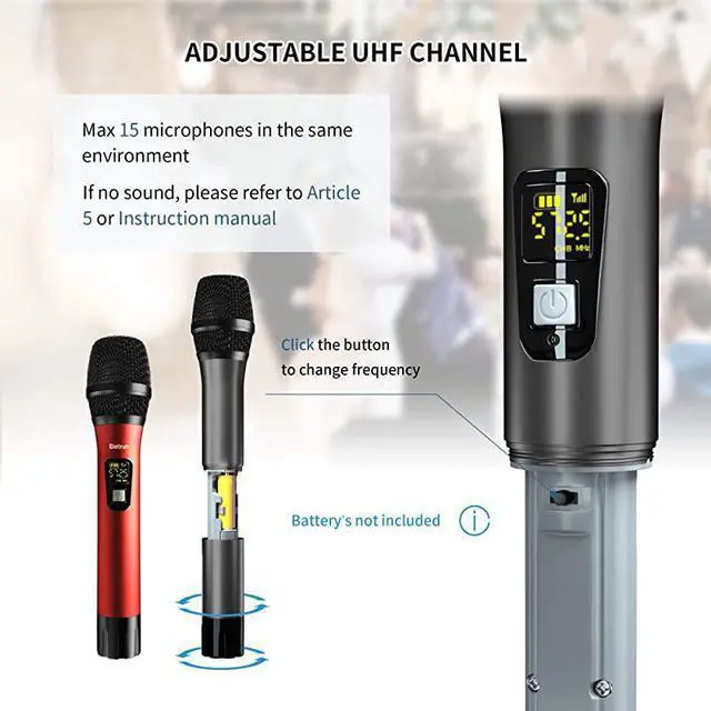 Alt view image 5 of 6 - Microphone UHF Dual Handheld Dynamic Mic System Set with Rechargeable Receiver 160ft Range 635mm14 Plug for Karaoke Voice Amplifier PA System Singing Machine Church
