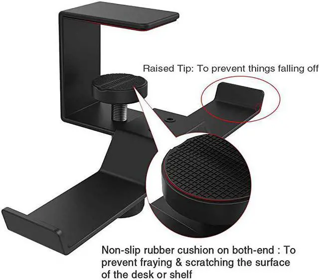 Alt view image 4 of 7 - Under Desk Dual Headphone Hanger  Metal Headset Stand Gaming Earphone Holder Universal Clamp on Desk Hanger Hook for All Headsets Black Patent