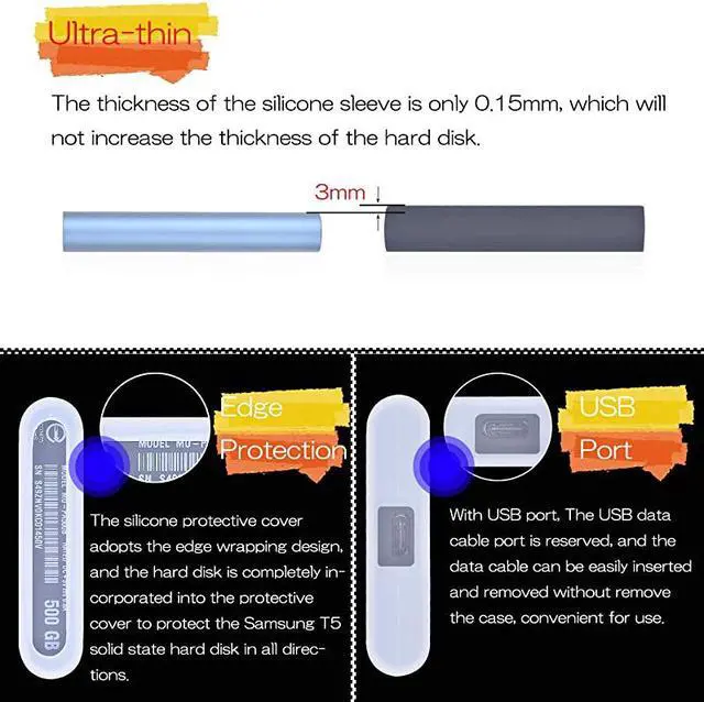 Alt view image 5 of 7 - Samsung T5 SSD Case Comb, 2 Pc Silicone Shockproof Case +1 Pc Hard Leather Zipper Travel Storager for Samsung T5 T3 T1 Portable External SSD(250G 500G 1T 2T) w/ Cable Organizer[5.4x3.8x1.7inch]