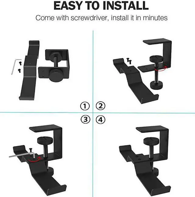 Alt view image 5 of 7 - Under Desk Dual Headphone Hanger  Metal Headset Stand Gaming Earphone Holder Universal Clamp on Desk Hanger Hook for All Headsets Black Patent