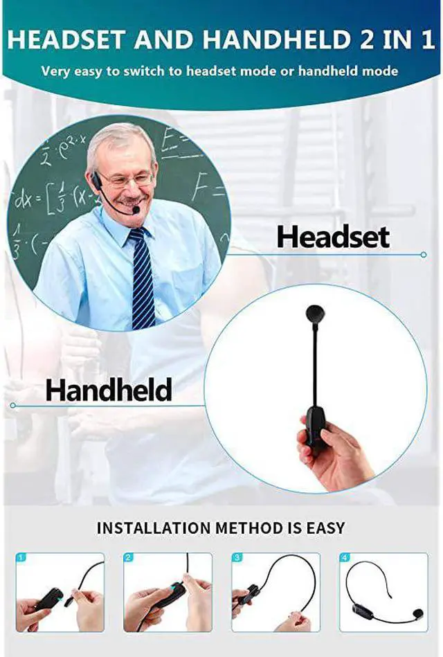 Alt view image 5 of 7 - Microphone Headset, UHF Headset Mic System, 160 ft Range, Headset Mic and Handheld Mic 2 in 1, 1/8''&1/4'' Plug, for Speakers, Voice Amplifier, Pa System(Incompatible Phone, Laptop)