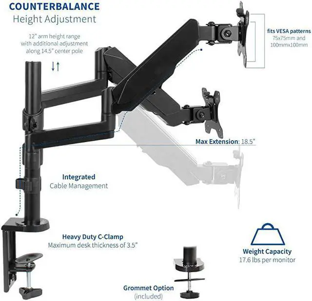 Alt view image 5 of 7 - Dual Monitor Arm Mount for 17 to 32 inch Screens Pneumatic Height Adjustment Full Articulating Tilt Swivel | Heavy Duty VESA Stand with Desk Cclamp and Grommet Option STANDV002K