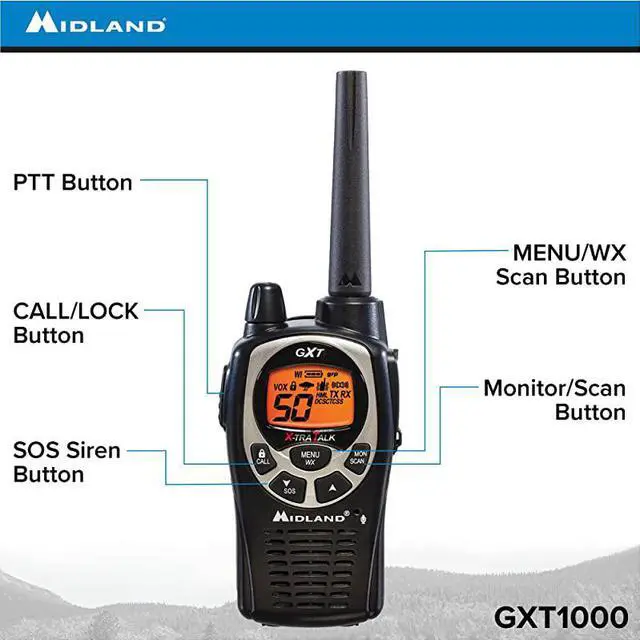 Alt view image 2 of 7 - GXT1000VP4 50 Channel GMRS TwoWay Radio Up to 36 Mile Range Walkie Talkie 142 Privacy Codes Waterproof NOAA Weather Scan + Alert Pair Pack BlackSilver
