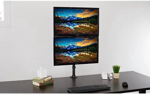 Alt view image 4 of 7 - Dual Computer Monitor Desk Mount Stand Vertical Array for 2 Screens up to 27 inches STANDV002R