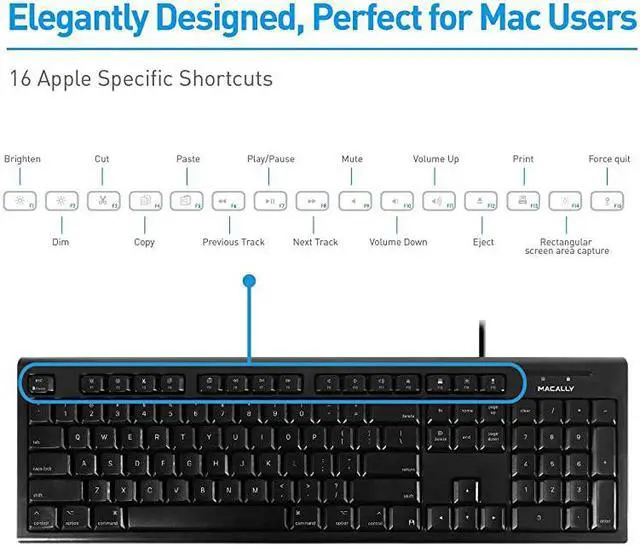 Alt view image 5 of 7 - Full Size Mac Wired Keyboard Compatible with All Macs with USB Port Durable Mac Keyboard with Number Pad 16 Apple Shortcut Keys Rubber Keycaps Spill Proof QKEYB Black