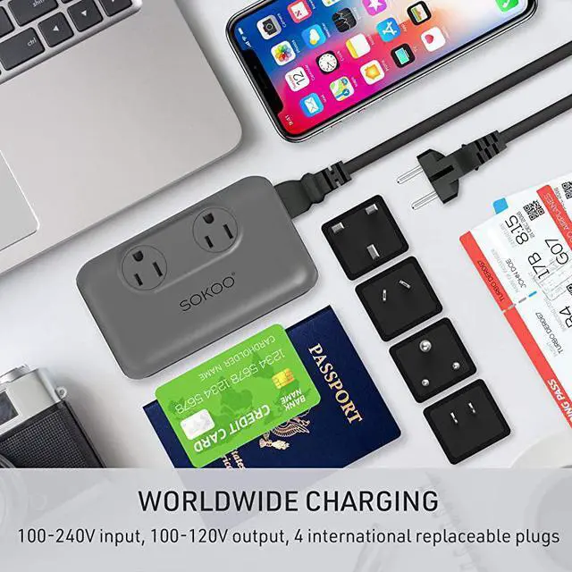 Alt view image 3 of 7 - Power Converter 220V to 110V International Voltage Converter for Hair StraightenerCurling Iron Step Down Universal Travel Adapter Europe UKAUUSin 2Outlet 4Port USB Charger QC30 Grey