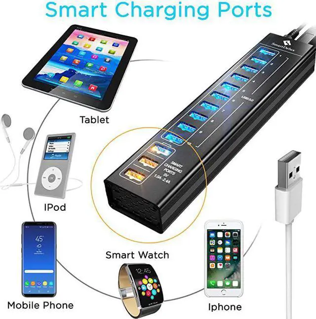 Alt view image 4 of 7 - Powered USB Hub - 13-Port USB 3.0 Hub with 10 USB 3.0 Ports, 3 Smart Charging Ports, Power Adapter, Long Cord, LEDs - Black Aluminum