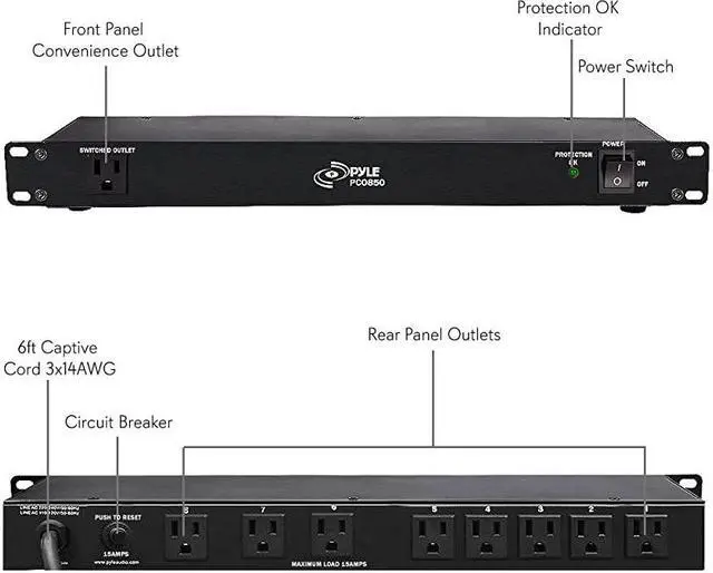 Alt view image 2 of 7 - PDU Power Strip Surge Protector 150 Joule 15 Amp 9 Outlet Strips Surge Protector Heavy Duty Electric Extension Cord Strip 1U Rack Mount Protection Power Outlet Strip WAC Filter Pro PCO850