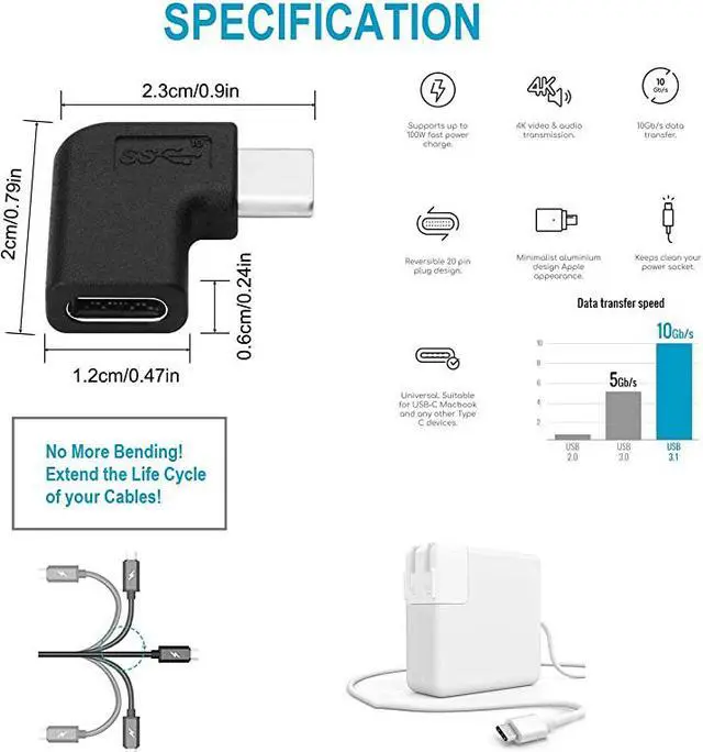 Alt view image 2 of 7 - C Angle Adapter 2 Pack 90 Degree C Type C Male to Female Adapter Right Left Angled C 31 TypeC Extension for Laptop Tablet C 90 Deg LeftRight Black