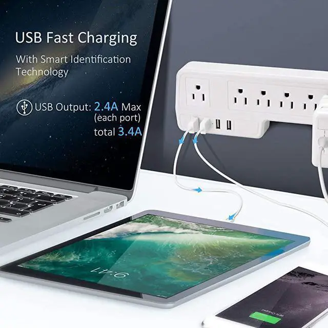 Alt view image 3 of 6 - Mountable Surge Protector Power Strip  98ft 6 Outlets 4 USB Ports Electric Power Outlet with Right Angle Flat Plug Electric Long Extension Cord Power Charging Station for Home Office White