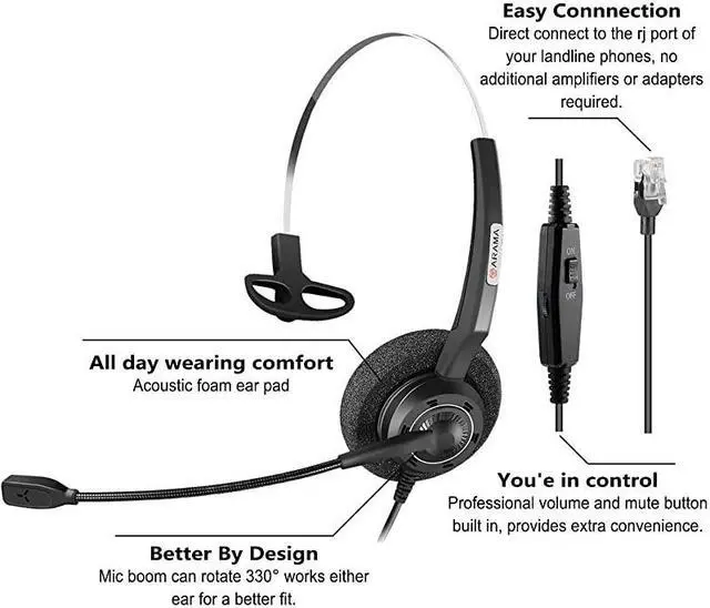 Alt view image 2 of 6 - Phones Headset RJ9 with Pro Noise Canceling Mic and Mute Switch Wired Office Headset Compatible with Polycom Mitel Plantronic Avaya Landline Phones