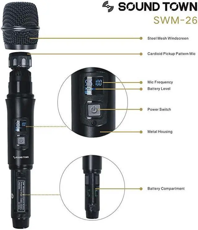 Alt view image 6 of 6 - Metal 200 Channels UHF Wireless Microphone System with 1 Handheld Mic 1 Lavalier Mic and Auto Scan for Church School Outdoor Wedding Meeting Party and Karaoke SWM26U2HL