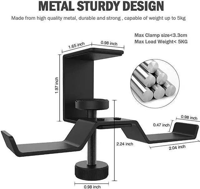 Alt view image 3 of 7 - Under Desk Dual Headphone Hanger  Metal Headset Stand Gaming Earphone Holder Universal Clamp on Desk Hanger Hook for All Headsets Black Patent