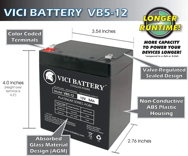 Alt view image 4 of 4 - VICI Battery VB5-12 - 12V 5AH AGM Chamberlain 41A6357-1 Garage Door Opener Battery