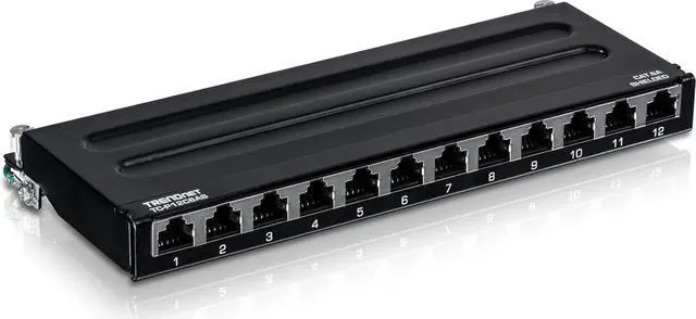Main image of TRENDnet 12-Port Cat6A Shielded Patch Panel, 10G Ready, Cat5e,Cat6,Cat6A Compatible, Metal Housing, Color-Coded Labeling for T568A and T568B Wiring,Cable Management,Wall Mountable, Black,TC-P12C6AS