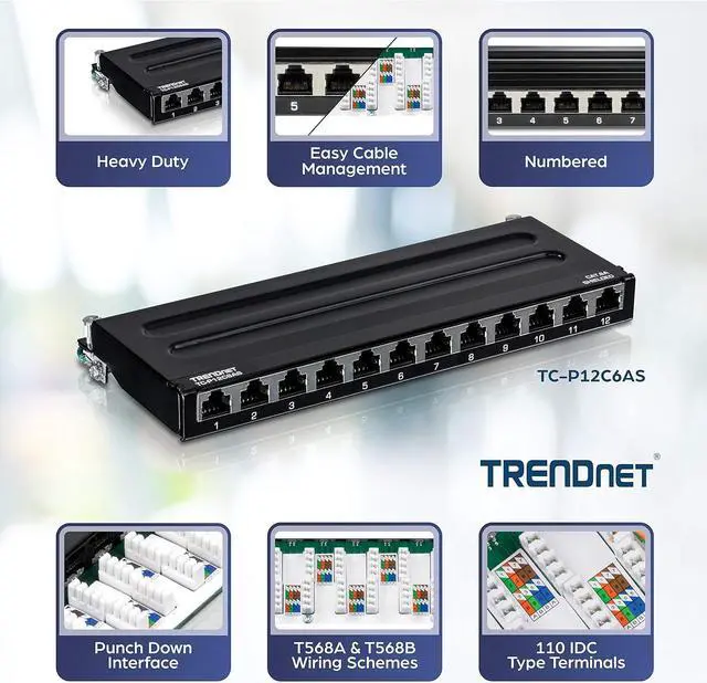 Alt view image 2 of 7 - TRENDnet 12-Port Cat6A Shielded Patch Panel, 10G Ready, Cat5e,Cat6,Cat6A Compatible, Metal Housing, Color-Coded Labeling for T568A and T568B Wiring,Cable Management,Wall Mountable, Black,TC-P12C6AS