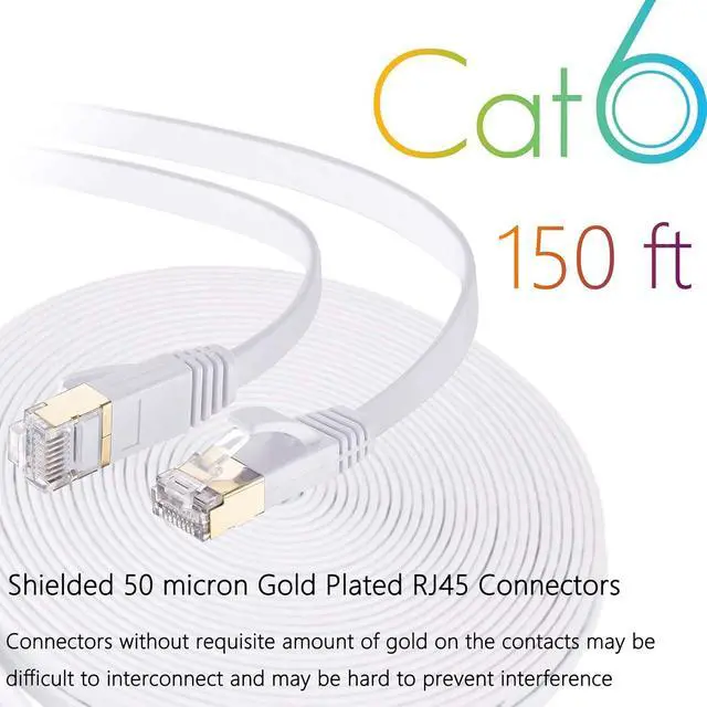 Alt view image 2 of 7 - Cat 6 Ethernet Cable 150 FT Flat Internet Network Cables with Cable Clips Cat6 Ethernet Patch Cable with Snagless Rj45 Connectors White Long Computer LAN Cable150FT