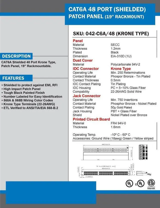Alt view image 7 of 7 - Vertical Cable Cat6A 48 Port Shielded Krone Type 19" Horizontal Rackmount 1U Patch Panel, Welcome to consult