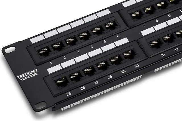 Main image of TRENDnet 48-Port Cat5/5e Unshielded Patch Panel, TC-P48C5E, 2U 19 inch Rackmount Design or Wall Mount, Cable Management, NDAA Compliant, 48 x Gigabit RJ-45 Ports