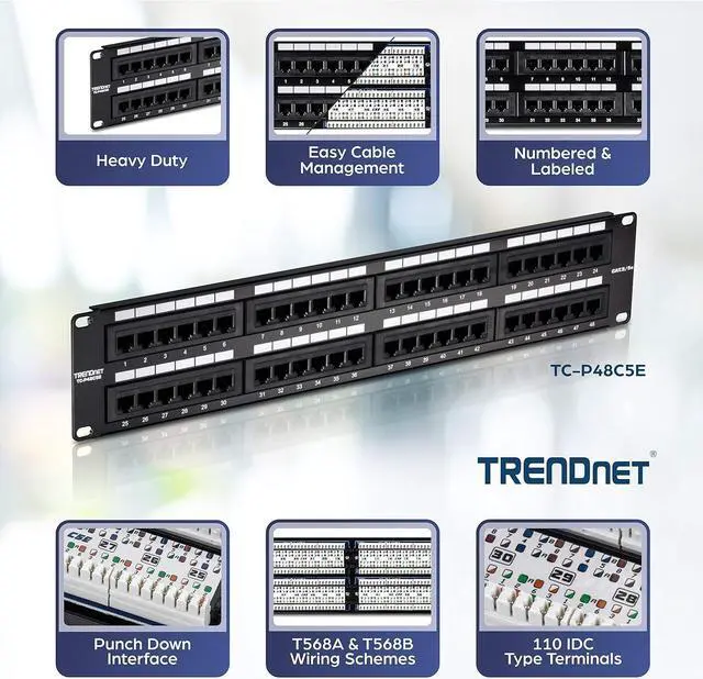 Alt view image 2 of 7 - TRENDnet 48-Port Cat5/5e Unshielded Patch Panel, TC-P48C5E, 2U 19 inch Rackmount Design or Wall Mount, Cable Management, NDAA Compliant, 48 x Gigabit RJ-45 Ports
