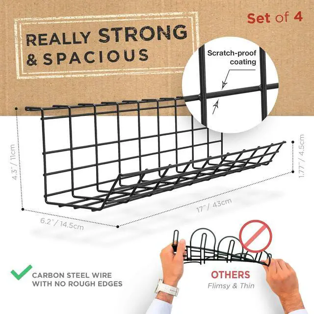 Alt view image 3 of 7 - Under Desk Cable Management Tray, Cord Organizer for Desk, Cable Organizer, Wire Organizer, Cord Management, Cable Management Under Desk, Wire Holders for Desk - Black Cable Tray - Set of 4X 17