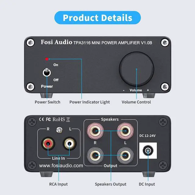 Alt view image 3 of 7 - Good Product Outlet V1.0B 2 Channel Amplifier Stereo Audio Amp Mini Hi-Fi Class D Integrated TPA3116 Amp for Home Speakers 50W x 2 with 19V 4.74A Power Supply