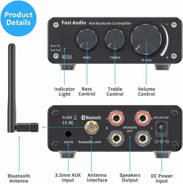 Alt view image 3 of 7 - Fosi Audio BT10A Bluetooth 5.0 Stereo Audio Amplifier Receiver 2 Channel Class D Mini Hi-Fi Integrated Amp for Home Passive Speakers 50W x 2 TPA3116