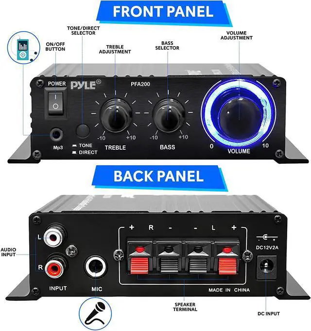 Alt view image 2 of 7 - Good Product Outlet Home Mini Audio Amplifier - 60W Portable Dual Channel Surround Sound HiFi Stereo Receiver w/ 12V AC Adapter, AUX, MIC IN, Supports Smart Phone, iPhone, iPod, MP3 For 2-8ohm Speake