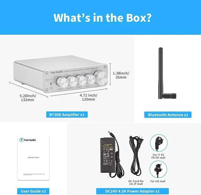 Alt view image 6 of 7 - Fosi Audio BT30D-S Bluetooth 5.0 Stereo Audio Receiver Amplifier 2.1 Channel Mini Hi-Fi Class D Integrated Amp 50 Watt x2+100 Watt for Home Outdoor Passive Speakers/Subwoofer Powered Subwoofer