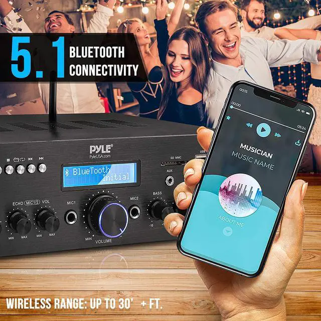 Alt view image 2 of 7 - Wireless Microphone Power Amplifier System - 200W Dual Channel Sound Audio Stereo Karaoke Speaker Receiver w/ USB, AUX, Microphone IN w/ Echo, Radio,Home Theater via RCA, Studio Use - South City Mall