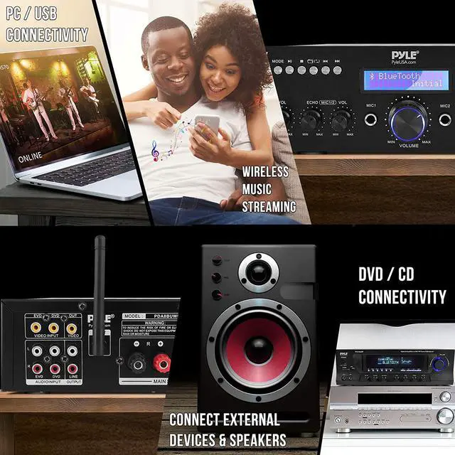 Alt view image 3 of 7 - Wireless Microphone Power Amplifier System - 200W Dual Channel Sound Audio Stereo Karaoke Speaker Receiver w/ USB, AUX, Microphone IN w/ Echo, Radio,Home Theater via RCA, Studio Use - South City Mall