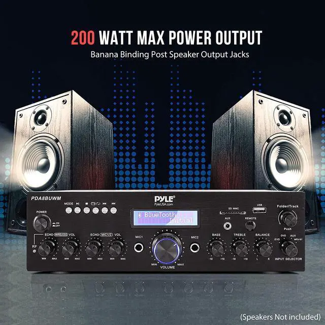 Alt view image 4 of 7 - Wireless Microphone Power Amplifier System - 200W Dual Channel Sound Audio Stereo Karaoke Speaker Receiver w/ USB, AUX, Microphone IN w/ Echo, Radio,Home Theater via RCA, Studio Use - South City Mall
