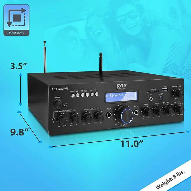 Alt view image 5 of 7 - Wireless Microphone Power Amplifier System - 200W Dual Channel Sound Audio Stereo Karaoke Speaker Receiver w/ USB, AUX, Microphone IN w/ Echo, Radio,Home Theater via RCA, Studio Use - South City Mall