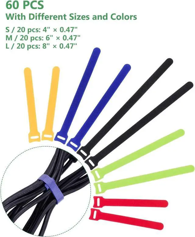 Alt view image 2 of 7 - 60 Pcs Reusable Fastening Cable Ties with Hook and Loop Multi-Purpose Cable Straps Wire Ties Cable Management Adjustable Cord organizer Ties for Computer/TV/Electronics 3 Sizes and 5 Colors