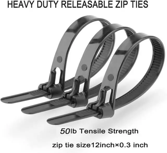 Alt view image 3 of 7 - Releasable Reusable Zip Ties 12 Inch Heavy Duty Zip Tie Thick Black Cable Ties Reusable 100 Pack 50lb Tensile Strength Nylon Cable Wire Ties for Multi-Purpose Use Indoor And Outdoor Plastic Tie Wire