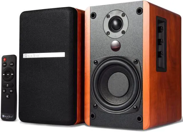 Main image of SINGING WOOD BT25 (2024 Version) Bluetooth Active Bookshelf Speakers for with Optical Aux inputs Subwoofer Line Out for PC, TVs, Turntable, Wooden Enclosure,80W - Cherry Wood