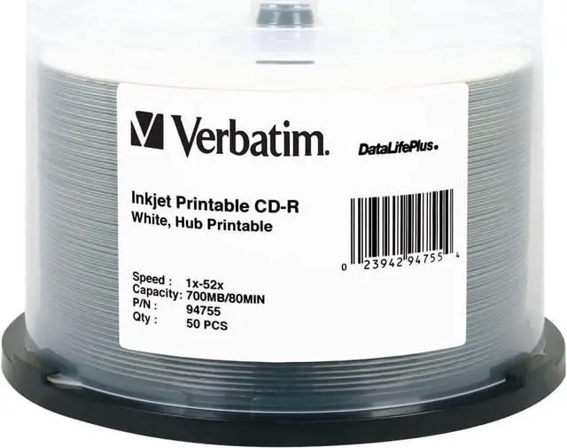 Main image of Verbatim CD-R 700MB 52X DataLifePlus White Inkjet Printable, Hub Printable - 50pk Spindle - 94755