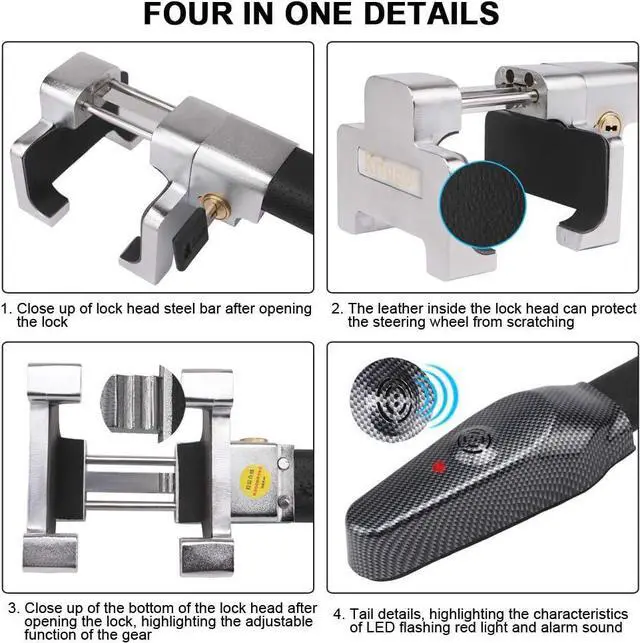 Alt view image 5 of 7 - Steering Wheel Lock Anti-Theft Device with Alarm Security Car Anti Theft Safety Lock Retractable Protection T-Lock