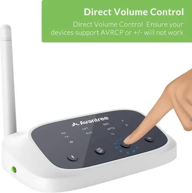 Alt view image 6 of 7 - Avantree Oasis B Bluetooth 5.0 Transmitter Receiver for TV, Home Stereo Speakers, Bypass Mode, Class 1 Long Range, LED Indicator, Optical AUX RCA, aptX Low Latency Audio Adapter for 2 Headphones