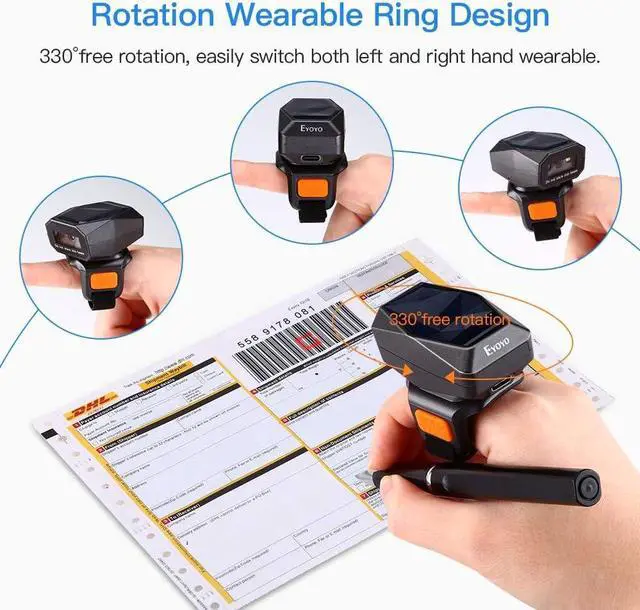 Alt view image 2 of 7 - Eyoyo 2D Finger Ring Barcode Scanner, Mini Wearable 3-in-1 USB Wired & 2.4G Wireless & Bluetooth Scanner, Image 1D QR Bar Code Reader PDF417 Data Matrix Screen Scan for iPad, Smartphone, PC