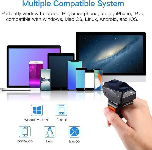 Alt view image 7 of 7 - Eyoyo 2D Finger Ring Barcode Scanner, Mini Wearable 3-in-1 USB Wired & 2.4G Wireless & Bluetooth Scanner, Image 1D QR Bar Code Reader PDF417 Data Matrix Screen Scan for iPad, Smartphone, PC