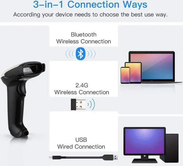 Alt view image 3 of 7 - Eyoyo Wireless 2D QR Barcode Scanner with Stand, Bluetooth & 2.4G Wireless & USB Wired Handheld Barcode Reader with 1D 2D Screen Scanning Auto Sensing Connect Smart Phone Tablet PC