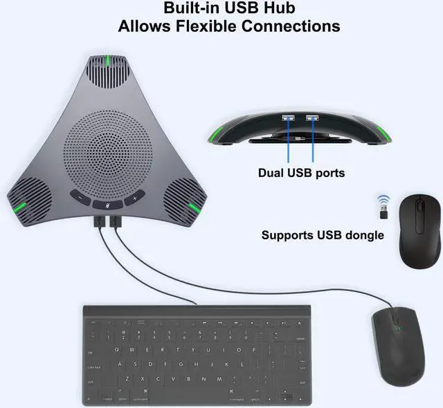 Alt view image 7 of 7 - Conference Speaker and Microphone, 360°Omnidirectional USB Speakerphone Microphone with USB Hub, Noise Reduction/Echo Cancellation Computer Microphone for 8-10 People Business Conference, Home Office