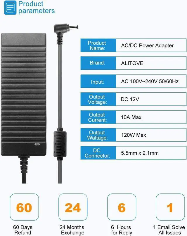 Alt view image 2 of 7 - 12V Power Supply 10A 120W AC Adapter 100-240V 50-60HZ Transformer AC to DC Converter 12 Volt 10 Amp with 5.5x2.5mm Output Jack for 5050 3528 LED Strip Light CCTV Cameras 3D Printer