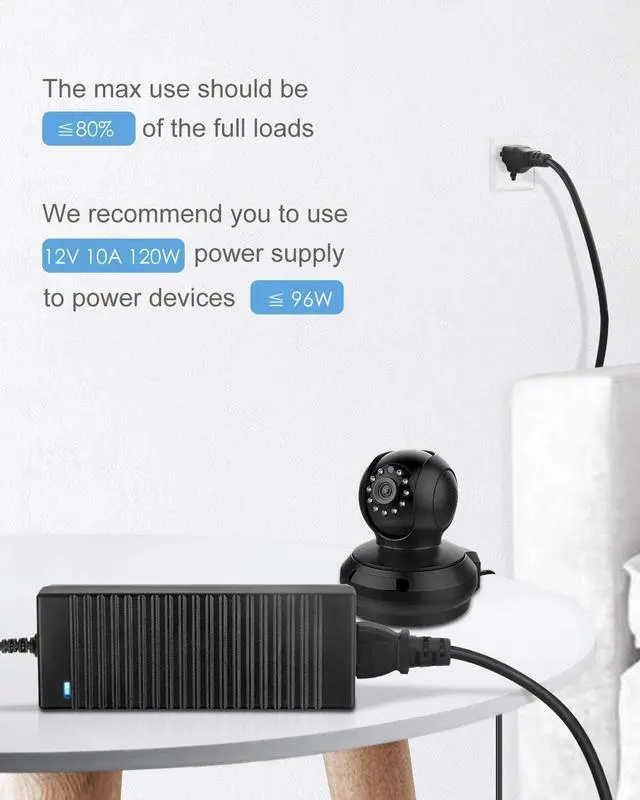 Alt view image 7 of 7 - 12V Power Supply 10A 120W AC Adapter 100-240V 50-60HZ Transformer AC to DC Converter 12 Volt 10 Amp with 5.5x2.5mm Output Jack for 5050 3528 LED Strip Light CCTV Cameras 3D Printer